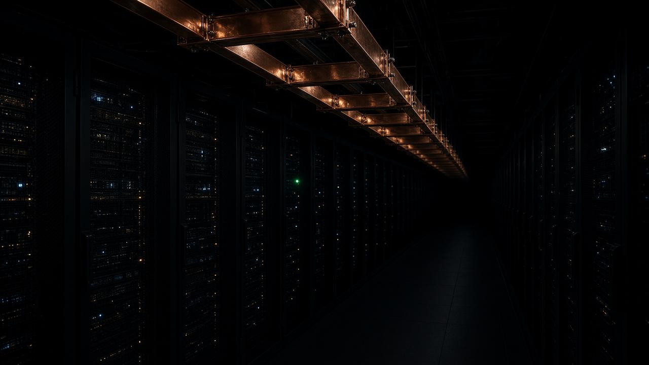 Night data hall with a copper 800 volt busway over GPU racks