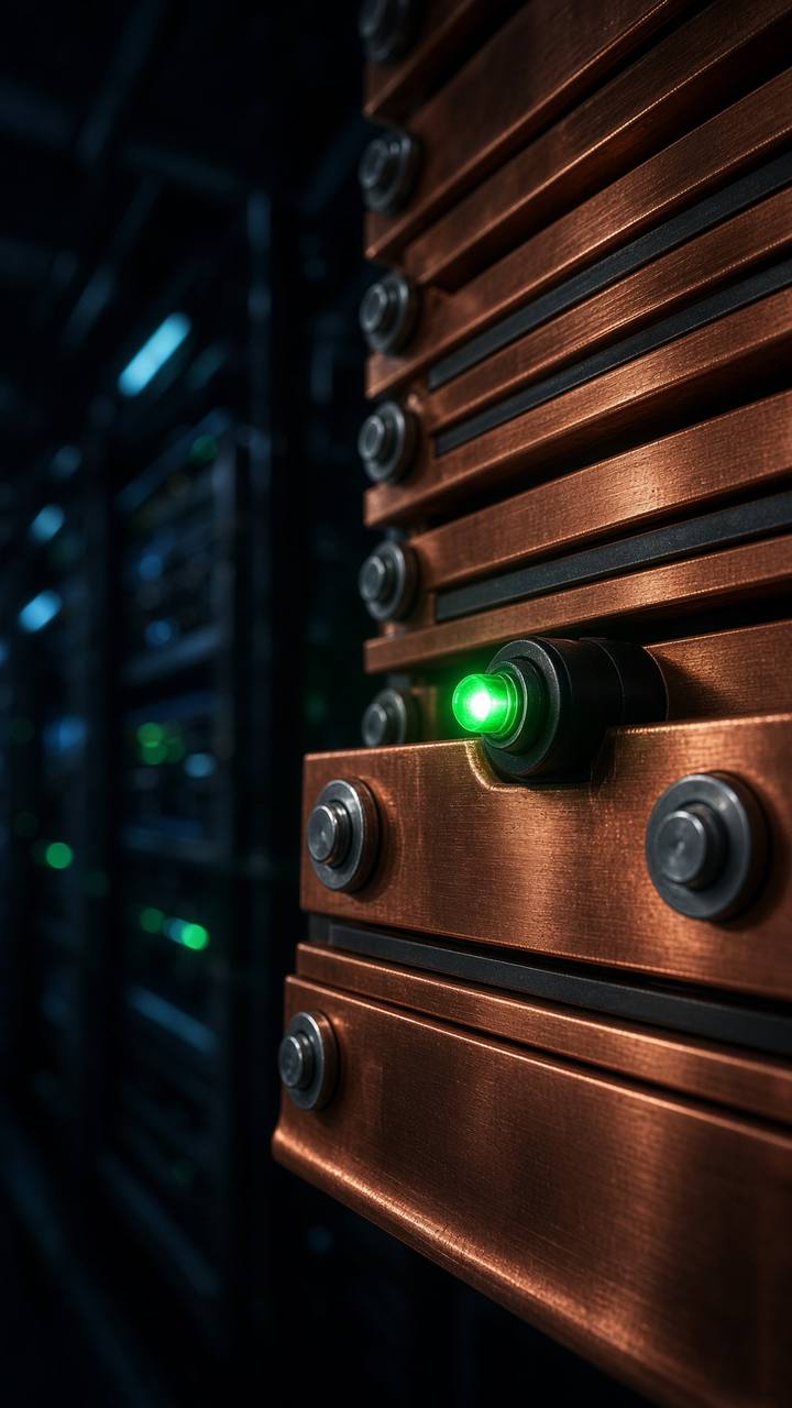 Night data hall with a copper 800 volt busway over GPU racks