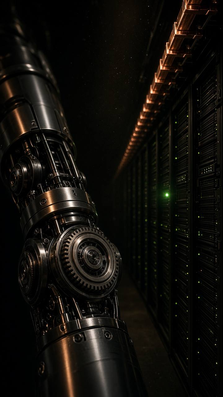 Robot forearm beside GPU racks under a copper busway