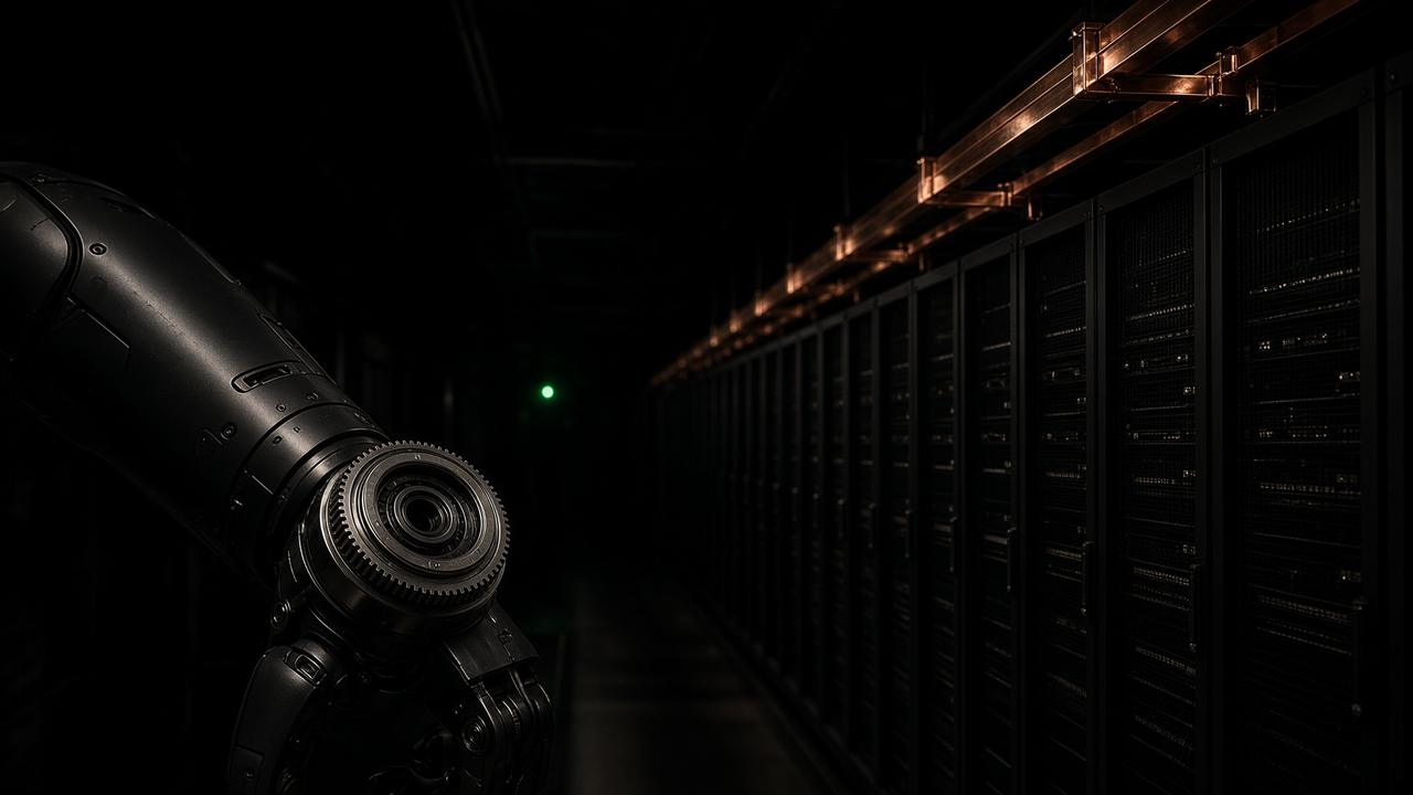 Robot forearm beside GPU racks under a copper busway